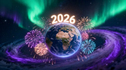 Global Celebration of 2026 with Fireworks and Aurora