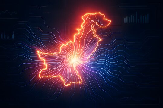 Futuristic neon digital map of Pakistan with glowing energy lines, cyber technology waves, data visualization, innovation concept, and modern tech aesthetics