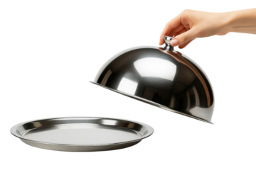 Hand lifting silver serving cloche dome cover off empty metal platter isolated on white