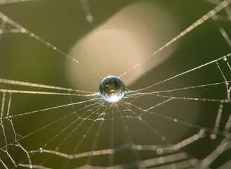 Captivating dewdrop glistening on spiderweb threads, a stunning macro shot showcasing nature's delicate beauty and intricate design with sparkling sunlight reflections,Generated Image