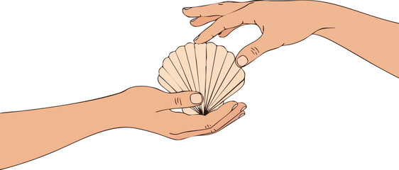 Hands exchanging a scallop shell symbolizing sharing and connection.