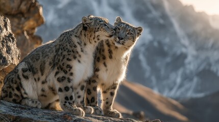 A snow leopard sitting on a rock in the mountains