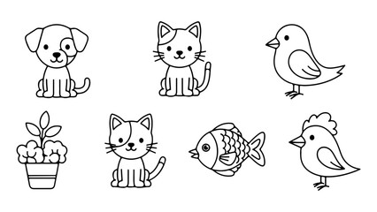 Cute Minimalist Flat Line Art Animal and Plant Vector Illustrations