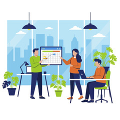 Team members collaborating on project planning using a digital calendar in the office.