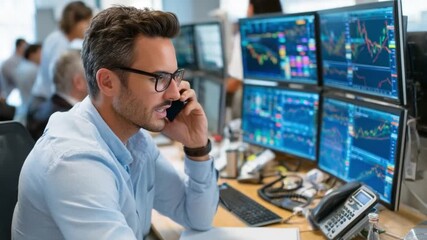 Market Analyst's Domain: Focused businessman analyzes stock charts on multiple monitors, engaged in a phone conversation, portraying financial acumen and dedication.  - Powered by Adobe