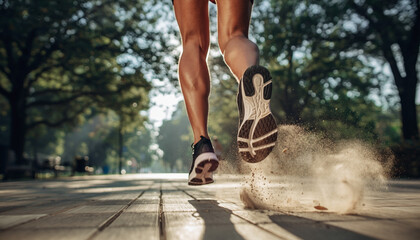 Dynamic shot of a runner's feet creating dust on a sunlit park path during exercise.