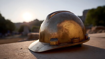 A weathered golden construction hard hat rests on a stone surface against a blurred background of hills during golden hour