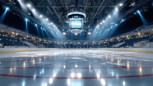 Ice Arena's Spotlight: An empty ice rink under the dramatic spotlight, ready for the upcoming event and tournament, with the lights creating a radiant and cool ambiance.