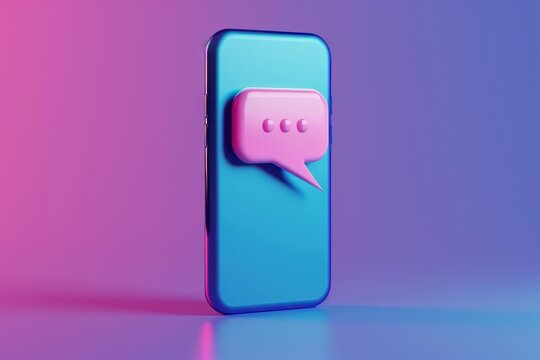 Blue smartphone displaying pink chat bubble notification, representing online communication and messaging - Powered by Adobe