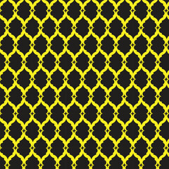 This is a seamless pattern featuring a repeating geometric design. Bright yellow, stylized quatrefoil shapes are arranged in a grid against a solid black background. The pattern has a distinct, almost