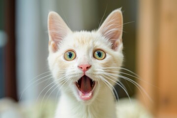 Portrait of small white cat meowing with surprised expression