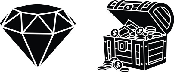Diamond and treasure chest illustration in black and white outline style