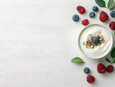Overhead view of a white bowl filled with yogurt, granola, and a blueberry, surrounded by fresh raspberries, blueberries, and green leaves on a white wooden tab