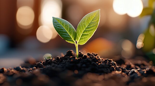 Close-up of a small, green plant growing in dark soil, illuminated by sunlight, creating a sense of growth and new life.