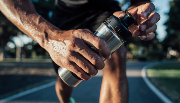 Close-up of a sweaty person's hands holding a metal shaker bottle outdoors after a workout on a running path.