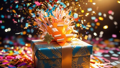Present gift box celebration party holiday birthday confetti surprise festive ribbon occasion happiness