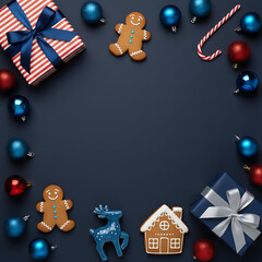 Fototapeta premium Christmas flat lay with gingerbread cookie, gift box, and ornament