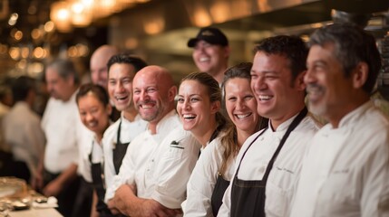 Chefs smiling together in a bustling restaurant kitchen during a busy dinner service
