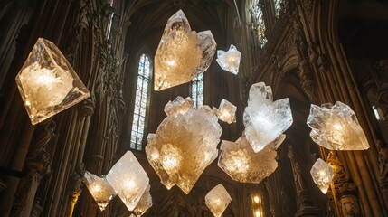 Illuminated Crystal Sculptures Hanging in a Gothic Cathedral Interior.
