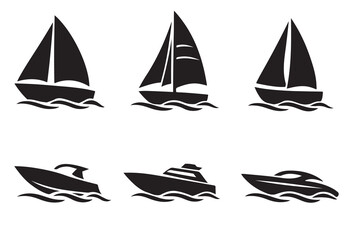 Set of Six Black Silhouettes of Sailboats and Motorboats