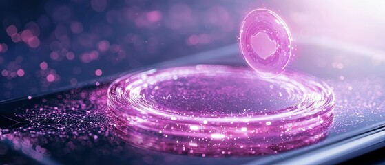 A futuristic digital coin floats above a smartphone, surrounded by glowing purple light, representing technology and data transfer.