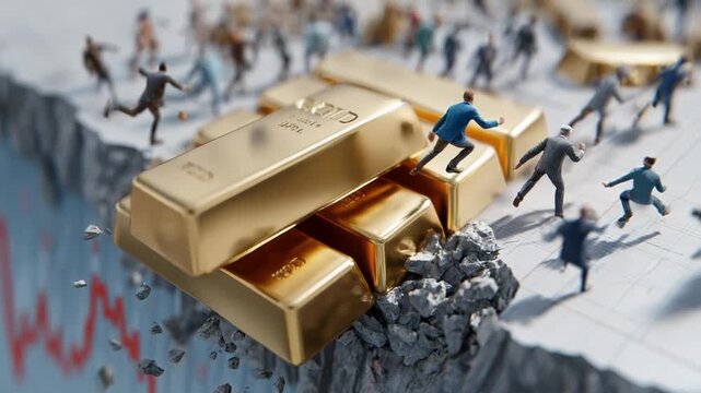 Financial Cliffhanger: A dramatic depiction of financial instability, with gold bars teetering on the edge of a precipice, symbolizing economic uncertainty and risk, with figures on brink of collapse.