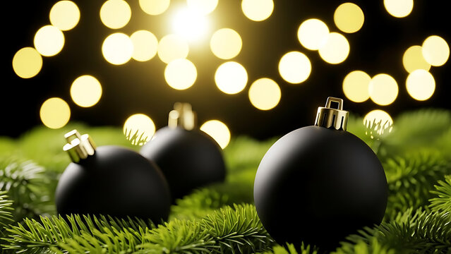 Black christmas ornaments on green fir branches with bokeh lights