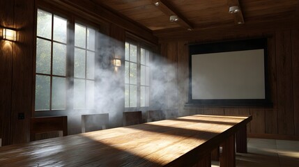 Sunlit seminar room with a long wooden table and light rays through misty