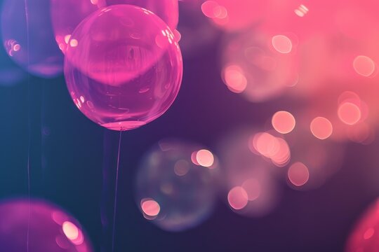 Pink translucent bubbles hanging against a colorful bokeh background, creating a festive and dreamlike atmosphere