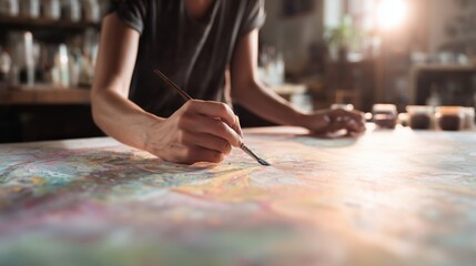 Obraz premium Artist creating a colorful painting in a cozy workspace during daylight hours