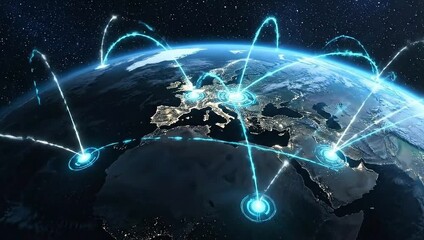 Futuristic Earth with Global Data Connections – Digital Network Visualization

