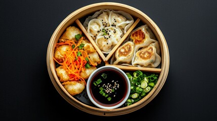 Overhead view of a bamboo steamer filled with various dumplings, served with dipping sauce and garnishes, on a dark background.