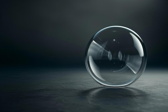 Transparent soap bubble with smoke swirling inside, resting on a dark surface, creating a mystical and delicate atmosphere