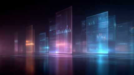 Dark holographic environment with glowing pastel lines and floating data dashboard. Business intelligence, finance, big data analysis, technology, futuristic UI