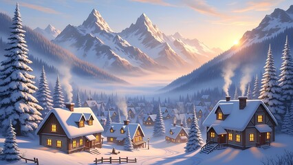 Whimsical Christmas mountain village at sunrise, snow-covered rooftops, glowing warm lights, charming cottages, tall pine trees, majestic snowy mountains in the background, magical festive atmosphere.