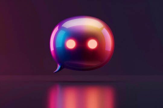 Vibrant, colorful speech bubble with glowing eyes floating above a reflective surface, illuminated by neon lights