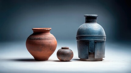 Three antique pottery vases of different shapes and sizes are arranged on a white surface, illuminated by dramatic lighting against a dark blue background.