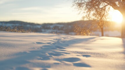 Snow-covered landscape with footprints under a golden sunset in winter