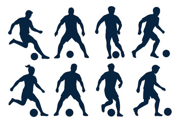 Eight Silhouette Soccer Players In Action On White Background