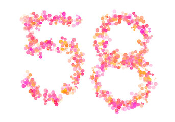 Number fifty-eight, 58 made with multicolored bokeh lights effect, Bokeh abstract isolated on white background, Digit, Blur, Glitter, Defocused, Seamless polka dot pattern, Illustration design