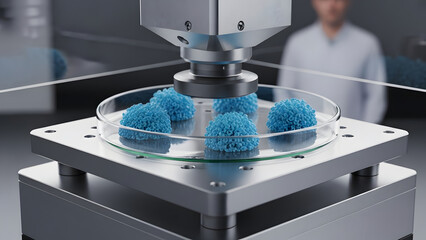 Robotic arm manipulating blue spherical samples in a petri dish within a laboratory setting.