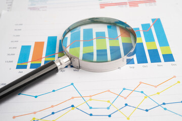 Magnifying glass on charts graphs paper. Financial development, Banking Account, Statistic, Investment Analytic research data economy.