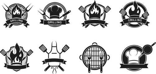 Grilling logo icon set—black and white vector of chef hats, flames, spatulas, knives, aprons, and pans