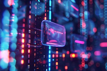 Glass panel showing data flow in futuristic cyberspace, representing digital information processing and exchange