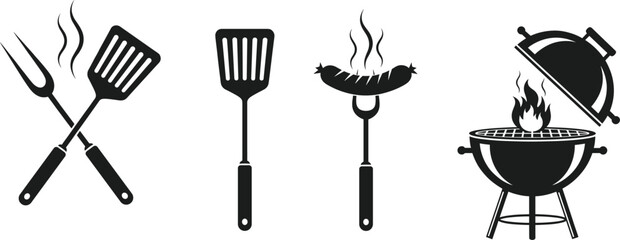 Grilling tool icon set—black and white vector of spatula, fork, sausage, and flaming charcoal grill