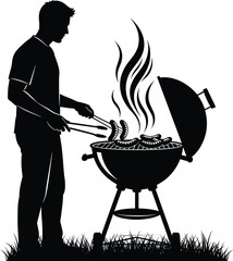 Grilling man silhouette—black vector of person cooking sausages on kettle barbecue with steam rising