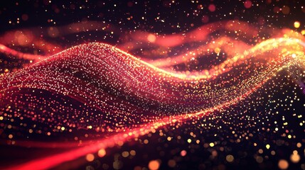 Wave particle duality quantum mechanics visualization with luminous fiber optic streams showing photon behavior and particle detection in red gold energy field dynamics