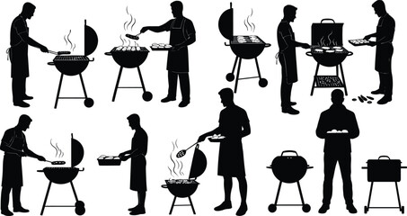 Grilling silhouette series—black vector of ten people cooking on kettle, barrel, and rectangular grills with smoke