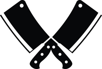 Crossed meat cleavers emblem—black and white vector of butcher knives with rivets and blade holes