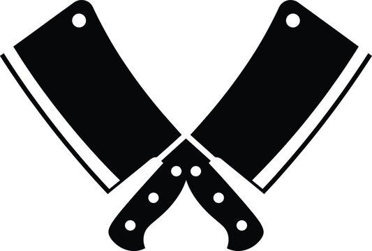 Crossed meat cleavers emblem&mdash;black and white vector of butcher knives with rivets and blade holes